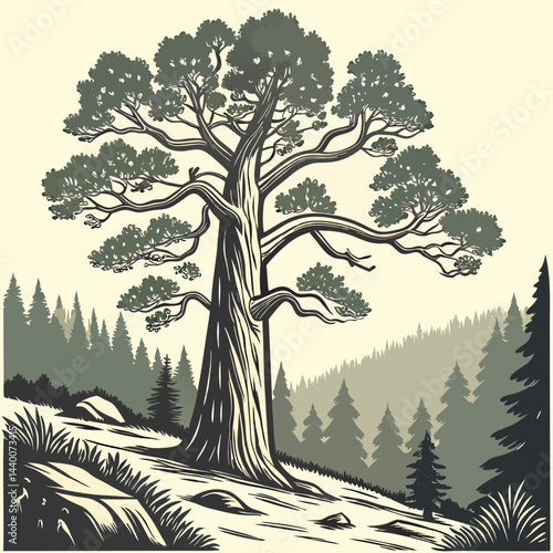 A detailed vector illustration of the President Tree, the iconic giant sequoia in Sequoia National Park, California, showcasing its towering presence and intricate bark texture.