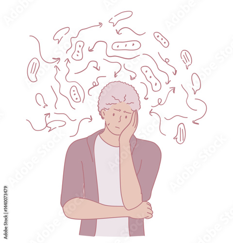 An illustration of a person overwhelmed by swirling thoughts, symbolizing their mental health struggles