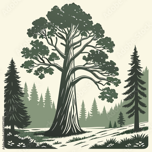 A detailed vector illustration of the President Tree, the iconic giant sequoia in Sequoia National Park, California, showcasing its towering presence and intricate bark texture.