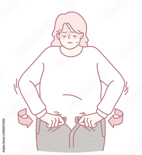 A woman expressing discomfort while trying to adjust her tight jeans, highlighting common body image struggles.