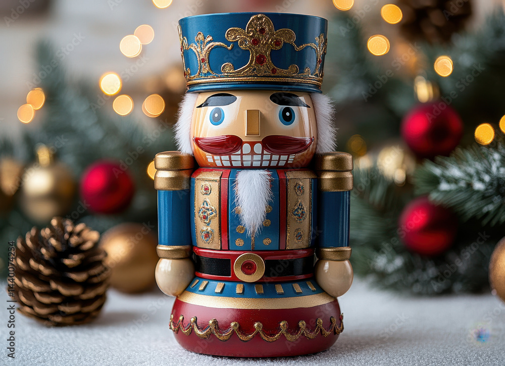 Fototapeta premium Festive Christmas Nutcracker Figurine with Holiday Decorations and Bokeh Lights in Background