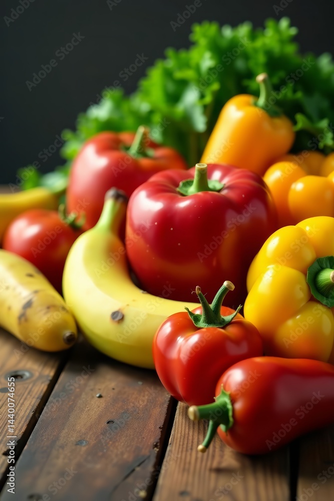 Close-up of colorful fruits and vegetables on wooden table with measuring tape , diet, organic, healthy eating Close-up of colorful fruits and vegetables on wooden table with measuring tape , diet, organic, healthy eating