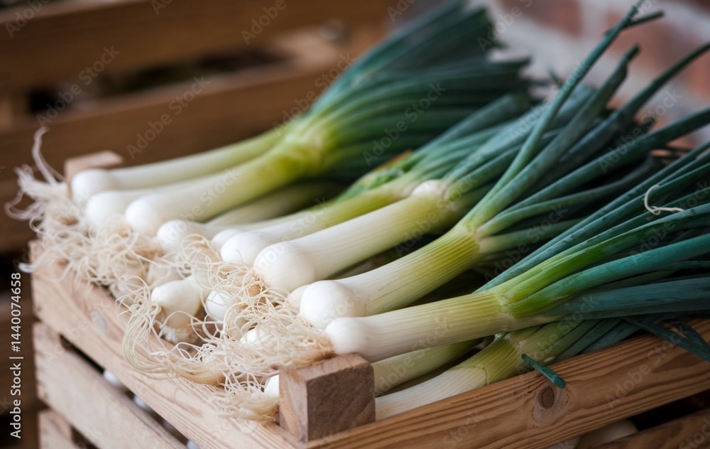 A close-up shot of fresh scallions in a wooden crate A close-up shot of fresh scallions in a wooden crate