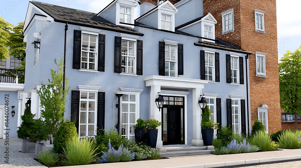 Fototapeta premium Elegant Two Story Light Blue House with Black Shutters and Lush Landscaping