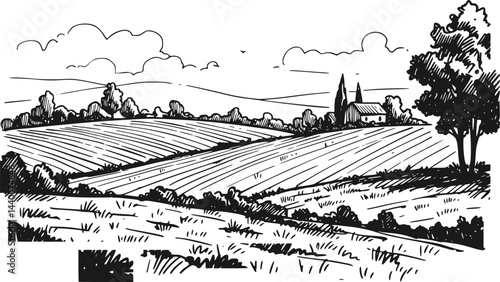 Rural Scene with Houses, Vineyard and Trees Sketch
