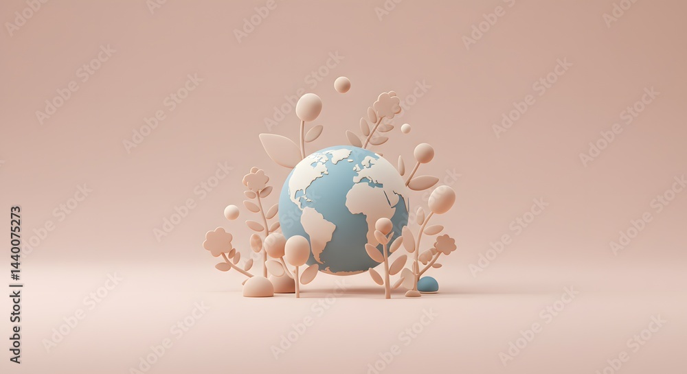 Obraz premium Sustainable Earth 3D Render of Planet Earth Surrounded by Blooming Plants, Representing Environmental Conservation and Sustainability Efforts for a Greener Future