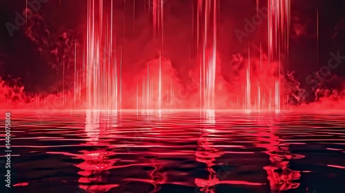 Red light beams water reflection