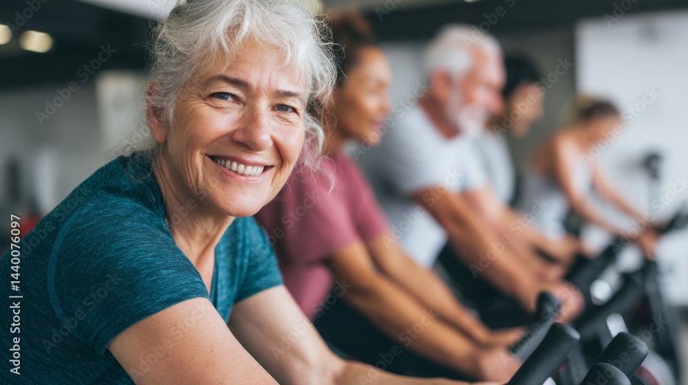 Fototapeta premium people riding stationary bikes in a gym.