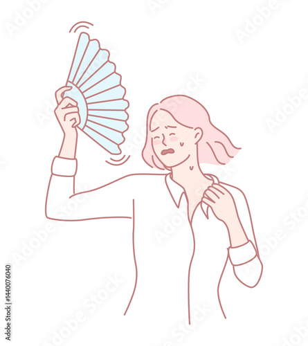 A woman utilizes a fan to create a refreshing breeze, signifying her discomfort amid warm temperatures outside