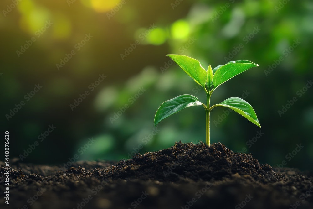 Fototapeta premium A small green plant emerges from rich, dark soil, symbolizing growth and potential