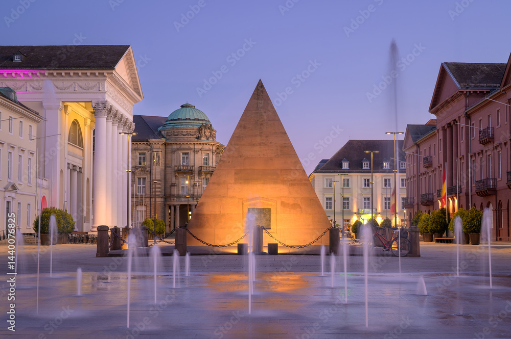 Karlsruhe Market Square at dusk and historic buildings, Germany