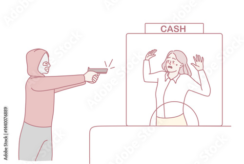An illustrated depiction that portrays a dramatic scene of a bank robbery involving a robber and a bank teller