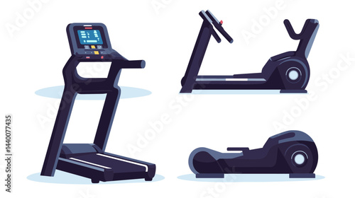 Black Treadmill Fitness Equipment Multiple Views Illustration