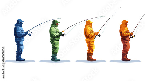 Four Anglers Ice Fishing in Winter, Pixel Art Illustration