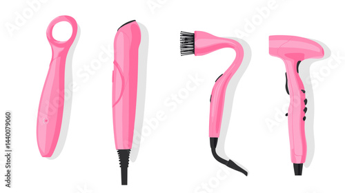 Pink Hair Styling Tools Set on White Background
