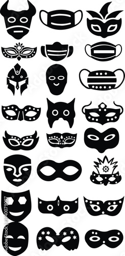 Print
Mask superhero carnival villain or burger vector icon set. Black masquerade costume eye mask silhouette hidden person face. Simple design incognito party masque shape template illustration. isol