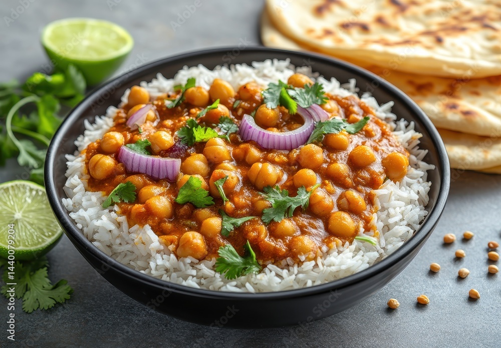 Chickpeas in Spicy Sauce Served on Basmati Rice with Fresh Herbs, Slices of Onion, Lime, and Indian Flatbreads on a Stone Table Background Chickpeas in Spicy Sauce Served on Basmati Rice with Fresh Herbs, Slices of Onion, Lime, and Indian Flatbreads on a Stone Table Background