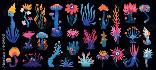Alien plants. Cartoon magical fantasy forest flowers algae with eyes, scary carnivorous flora set vector illustration