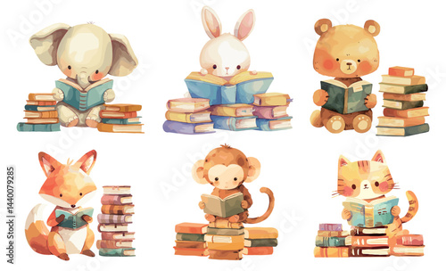Animals reading. Watercolor elephant bunny bear fox monkey cat holding books, kids education library literature set vector illustration