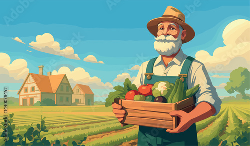 Cartoon farmer. Farm banner with crops field, farmland man holding box with vegetable harvest vector illustration