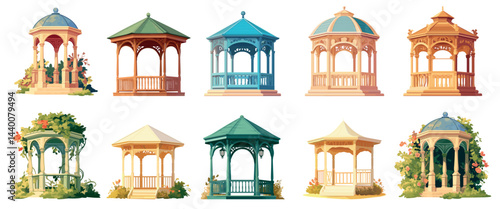 Cartoon garden gazebo. Summer pergola small relaxing patio house with floral decor, wooden backyard architecture set vector illustration