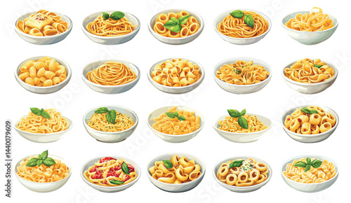 Cartoon pasta dishes. Various macaroni types, Italian food, fettuccine spaghetti cannelloni set vector illustration