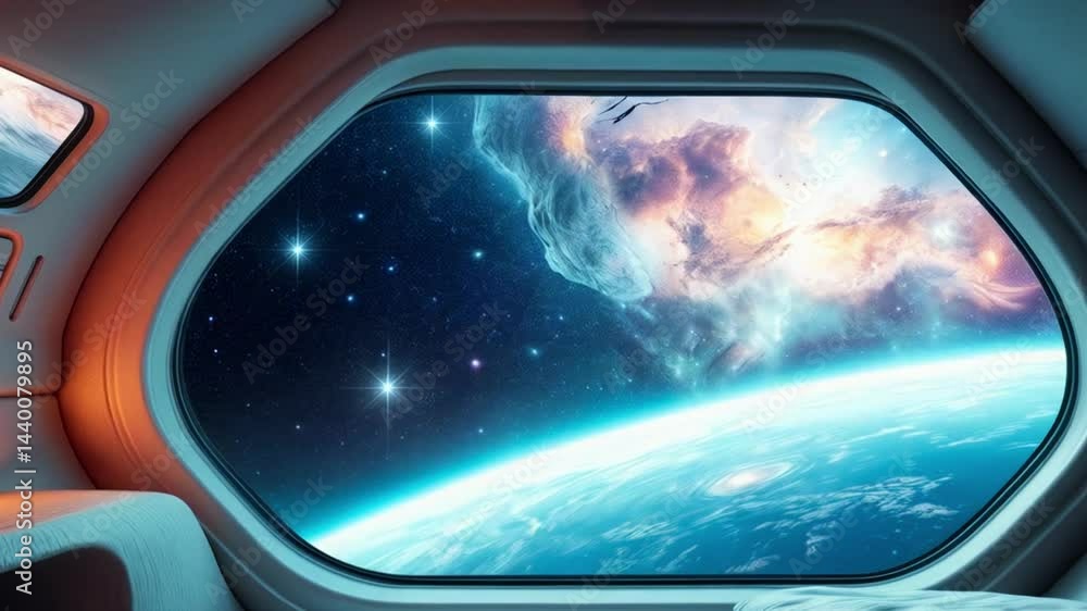 Stunning view of a swirling galaxy and distant planet from a spaceship window. Futuristic space travel scene showcasing the beauty and mystery of the cosmos and interstellar exploration. Stunning view of a swirling galaxy and distant planet from a spaceship window. Futuristic space travel scene showcasing the beauty and mystery of the cosmos and interstellar exploration.