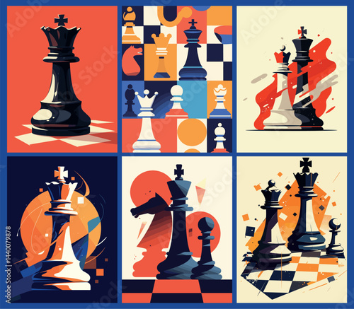 Chess tournament posters. Strategy game pawn king knight figure pieces and board match banners flyers set vector illustration