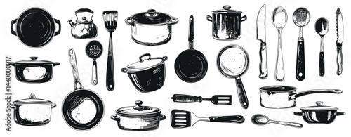 Cookware utensils. Doodle sketch cooking pot frying pan spatula saucepan knife spoon, kitchen equipment set vector illustration