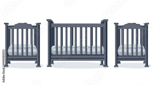 Three Dark Gray Wooden Cribs of Varying Sizes