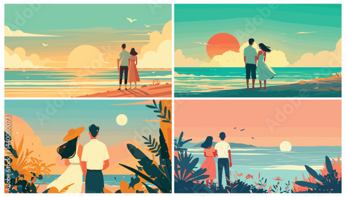 Couple at beach sunset. Flat romantic vacation travel concept, young man and woman tropical holiday set vector illustration