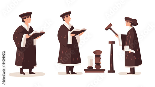 Three Judges in Brown Robes Performing Legal Proceedings Pixel Art Illustration