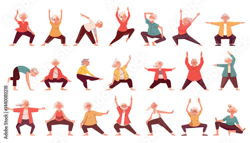 Elderly people yoga. Flat old man and woman exercise healthy lifestyle fitness sport meditation, characters in lotus pose vector illustration