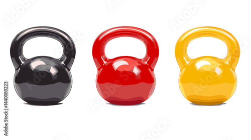 Three Kettlebells in Black Red and Yellow on White Background