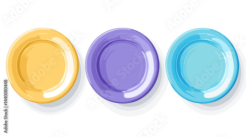 Three Pastel Plates: Yellow, Purple, and Blue Round Dishes on White Background