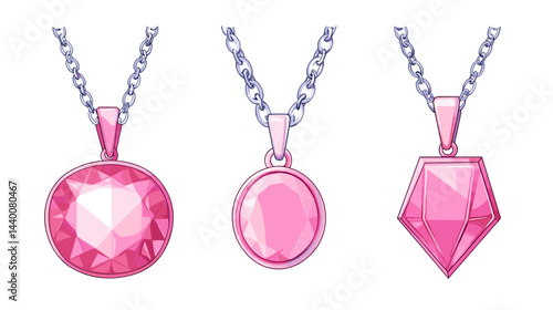 Three Pink Gemstone Pendants on Silver Chains