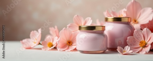 Close up of elegant pastel jars with golden lids in a dreamy setting, elegant, pastel, close up