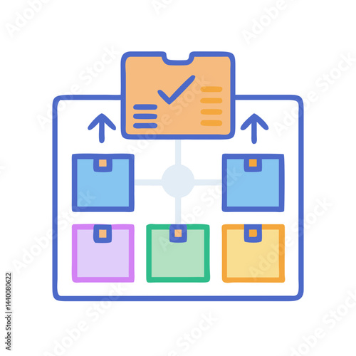 Multi-level marketing diagram with checkmark and colorful boxes in a doodle style