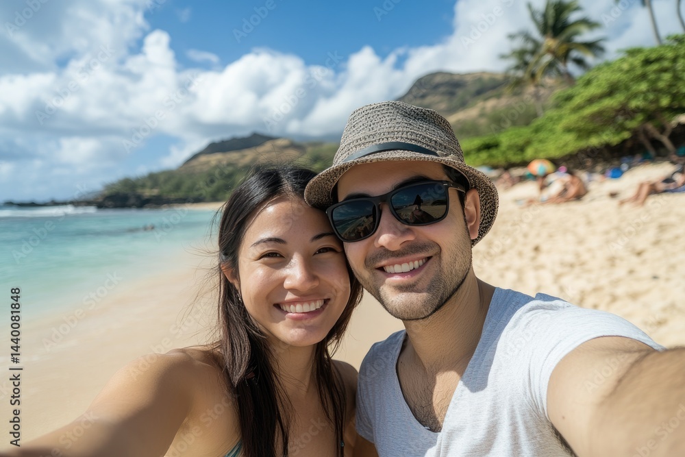 Obraz premium A man and woman are smiling for the camera on a beach