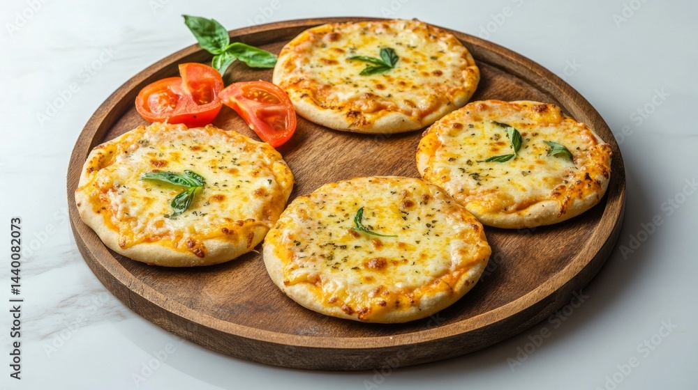 Four small pizzas with cheese and basil on a wooden plate Four small pizzas with cheese and basil on a wooden plate