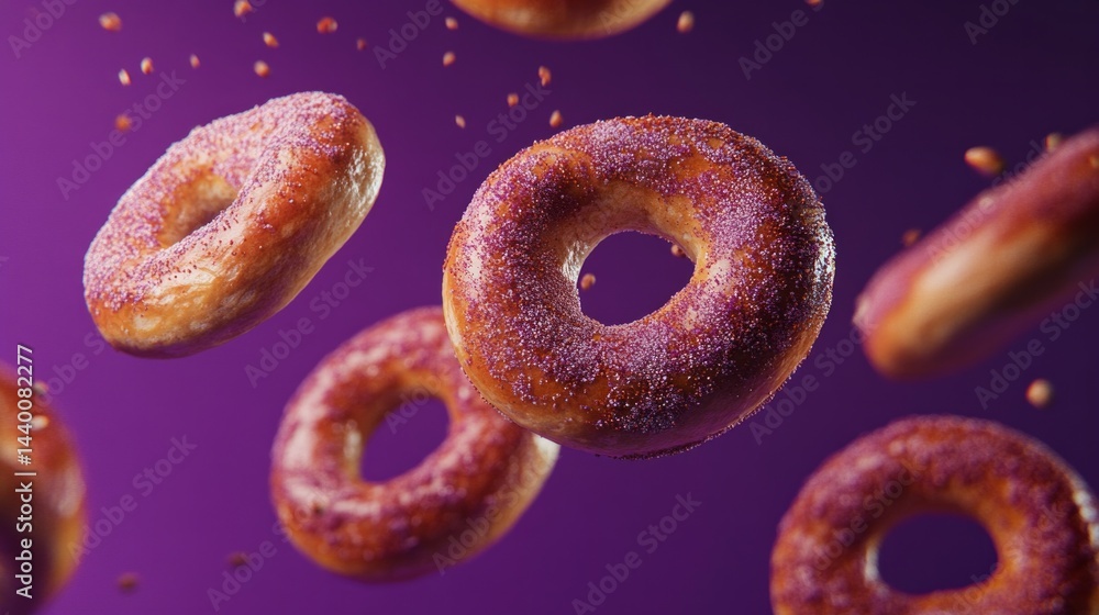 A series of donuts are flying through the air A series of donuts are flying through the air