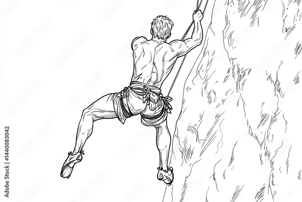Obraz premium Dynamic Black and White Illustration of a Rock Climber Ascending a Cliff Face