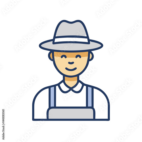 Smiling Farmer Icon with Hat and Overalls on Black Background