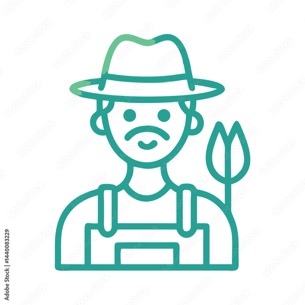 Line art illustration of a farmer with pitchfork and hat on black Line art illustration of a farmer with pitchfork and hat on black