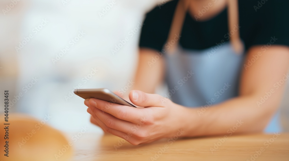 Person using smartphone while standing at a wooden counter in a cozy cafe environment.
