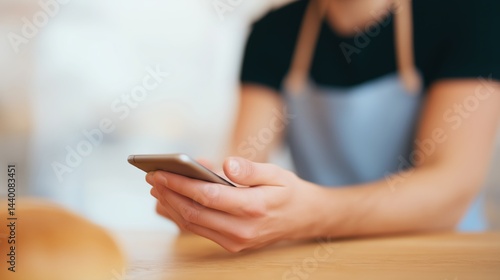 Obraz na płótnie Person using smartphone while standing at a wooden counter in a cozy cafe environment. w salonie