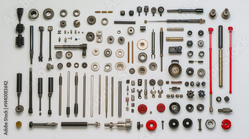 Neatly arranged professional tools, top-down view. Precision and order in workspace organization.
