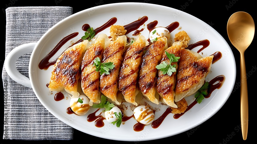 Pan Fried Gyoza Dumplings with Sesame Seeds Soy Glaze and Creamy Mozzarella Garnish Pan Fried Gyoza Dumplings with Sesame Seeds Soy Glaze and Creamy Mozzarella Garnish