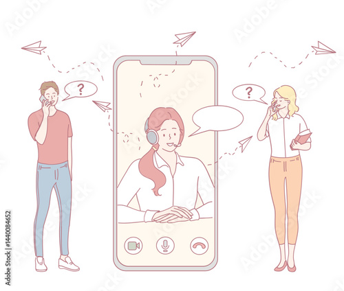 Two individuals are engaged in a video call, seeking various forms of assistance from a virtual assistant