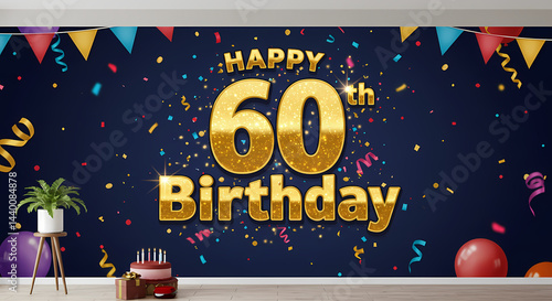 Happy 60th Birthday Background: Gold Number Design, Party Banner, Celebration Image